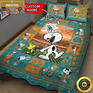 NFL Miami Dolphins Custom Name Snoopy King And Queen Luxury Bedding Set