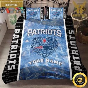 NFL New England Patriots Black Light Blue Heart Custom Name King And Queen Luxury Bedding Set