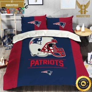 NFL New England Patriots Dark Blue Red Logo King And Queen Luxury Bedding Set