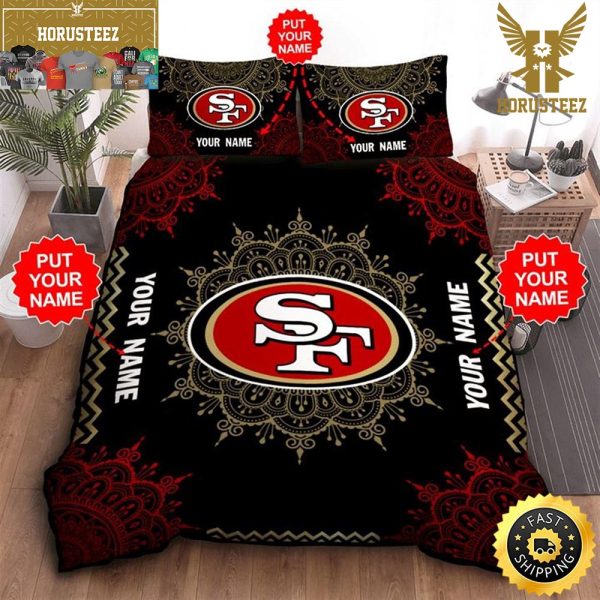 NFL San Francisco 49ers Custom Name Black Red King And Queen Luxury Bedding Set