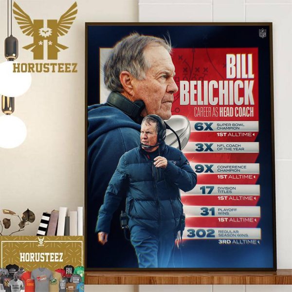 New England Patriots Legend Bill Belichick Career As Head Coach Wall Decor Poster Canvas