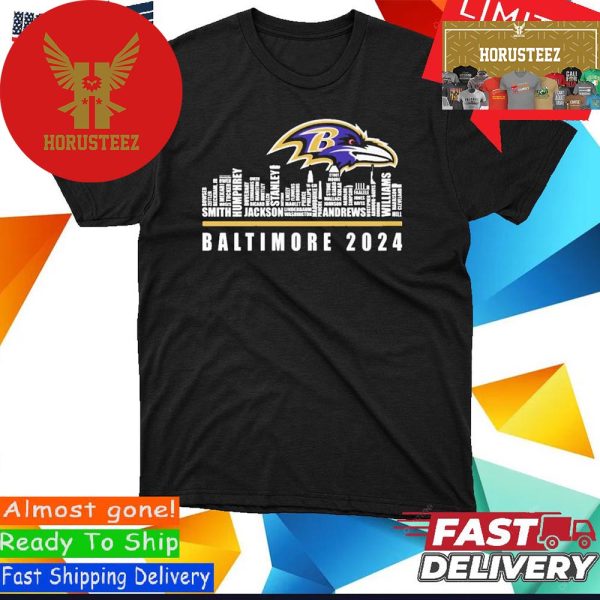 Official Baltimore Ravens 2024 City Skyline Players Name Unisex T-Shirt