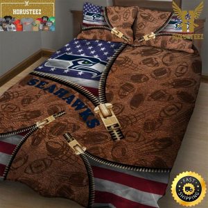 Seattle Seahawks NFL American Flag Leather Pattern King And Queen Luxury Bedding Set