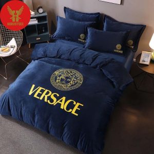 Versace Deep Blue Fashion Logo Luxury Brand Merchandise Bedding Set