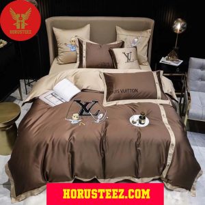 Louis Vuitton Black Logo Brown Pillow And Duvet Cover Bedroom Sets Luxury Brand Bedding Bedding Sets