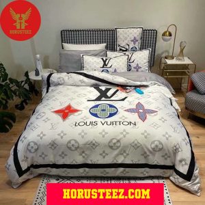 Louis Vuitton Black Logo Grey Pattern White Duvet Cover Bedroom Sets Luxury Brand Bedding Bedding Sets
