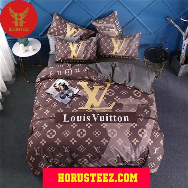 Louis Vuitton Brown Pattern And Logo Duvet Cover Bedroom Sets Luxury Brand Bedding Bedding Sets