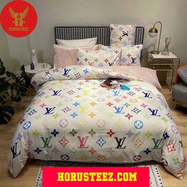 Louis Vuitton Colorful Logo White Duvet Cover Bedroom Sets Luxury Brand Bedding Bedding Sets
