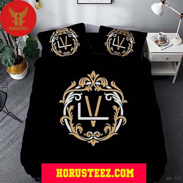 Louis Vuitton Gold And White Logo Black Duvet And Pillow Bedroom Luxury Brand Bedding Bedding Sets