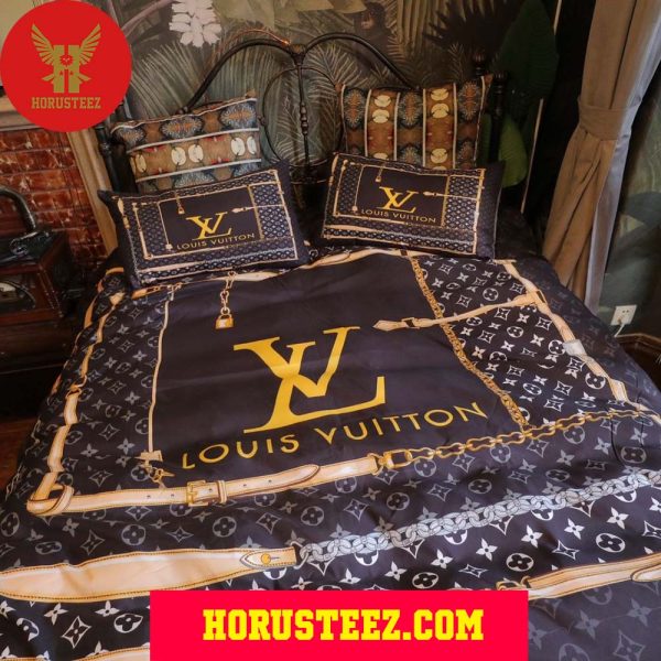 Louis Vuitton Gold Logo White Pattern Black Duvet Cover Bedroom Sets Luxury Brand Bedding Bedding Sets