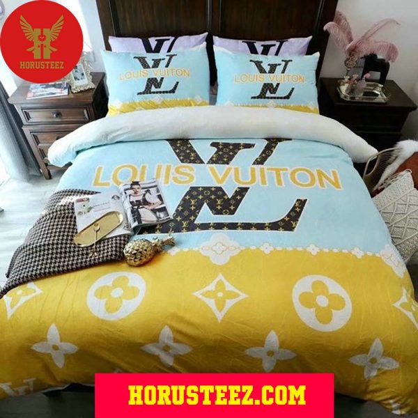 Louis Vuitton Light Blue And Yellow Pillow Duvet Cover Bedroom Sets Luxury Brand Bedding Bedding Sets