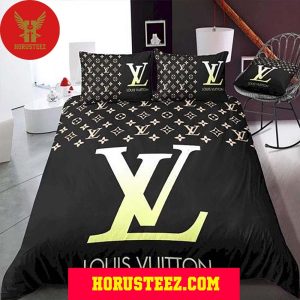 Louis Vuitton Light Gold Logo Black Duvet And Pillow Luxury Brand Bedding Sets