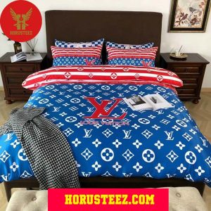 Louis Vuitton Red Logo Blue Pillow Duvet Cover Bedroom Sets Luxury Brand Bedding Bedding Sets