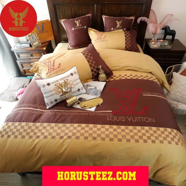 Louis Vuitton Red Logo Heave Red And Yellow Pillow Duvet Cover Bedroom Sets Luxury Brand Bedding Bedding Sets