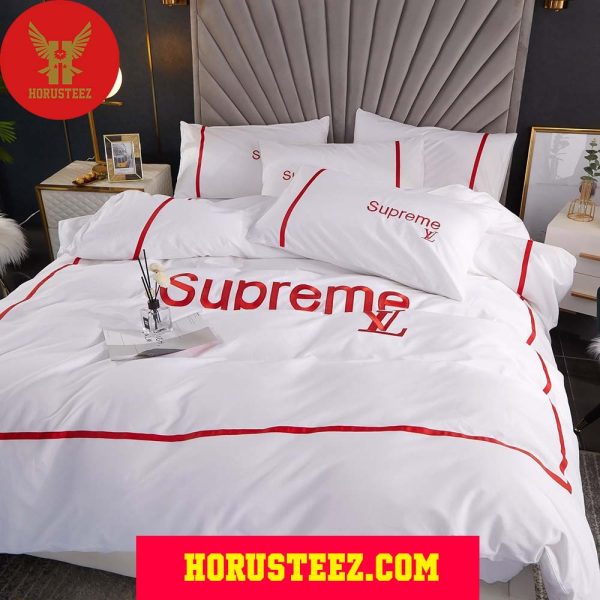 Louis Vuitton Supreme Red And White Luxury Logo Duvet Bedroom Sets Luxury Brand Bedding Cover Bedding Sets
