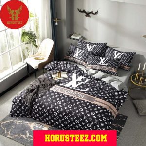 Louis Vuitton White Logo And Pattern Black Duvet Cover Bedroom Sets Luxury Brand Bedding Bedding Sets