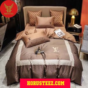 Louis Vuitton White Logo Brown Duvet Cover And Pillow Bedroom Sets Luxury Brand Bedding Bedding Sets