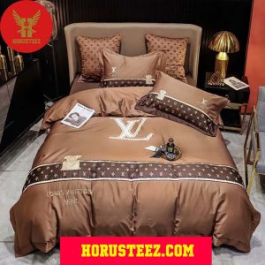 Louis Vuitton White Logo Brown Pillow And Duvet Cover Bedroom Sets Luxury Brand Bedding Bedding Sets