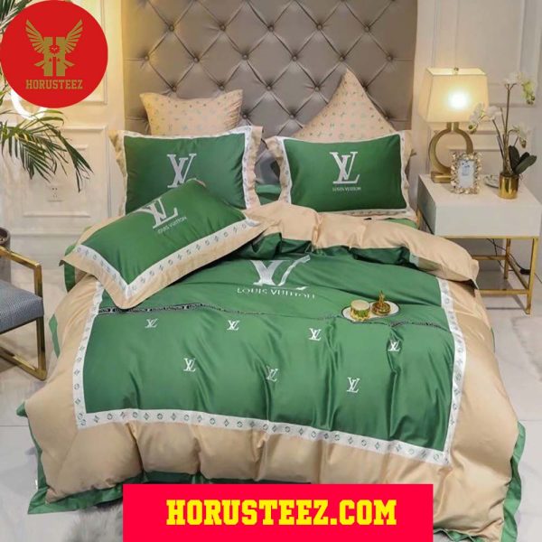 Louis Vuitton White Logo Green Pillow Duvet Cover Bedroom Sets Luxury Brand Bedding Bedding Sets