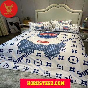 Louis Vuitton x Supreme Blue And White Logo Pattern Swag Bear Duvet Cover Bedroom Sets Luxury Brand Bedding Bedding Sets