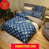 Louis Vuitton x Supreme White Logo Pattern Blue Pillow Duvet Cover Bedroom Sets Luxury Brand Bedding Bedding Sets