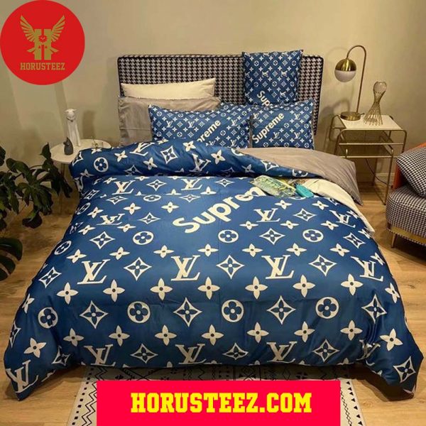 Louis Vuitton x Supreme White Logo Pattern Blue Pillow Duvet Cover Bedroom Sets Luxury Brand Bedding Bedding Sets