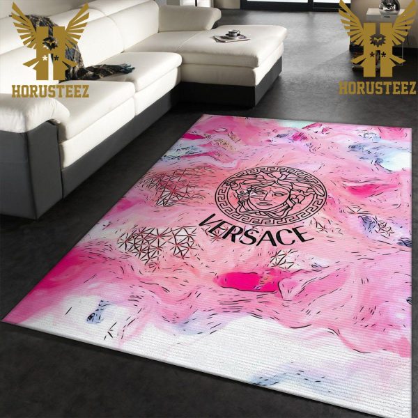 Versace Pink Background Luxury Brand Collection Area Rug Living Room Carpet Home Decor