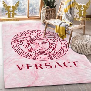 Versace Red Logo And Pink Background Luxury Brand Collection Area Rug Living Room Carpet Home Decor